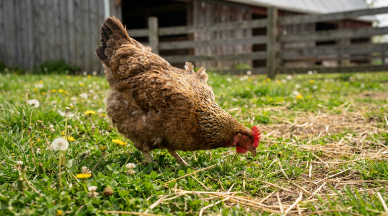 Brown backyard hen standing in grass